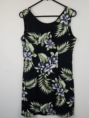 Aloha Republic Black Tropical Floral Mini Dress with Green Leaf Print Size M